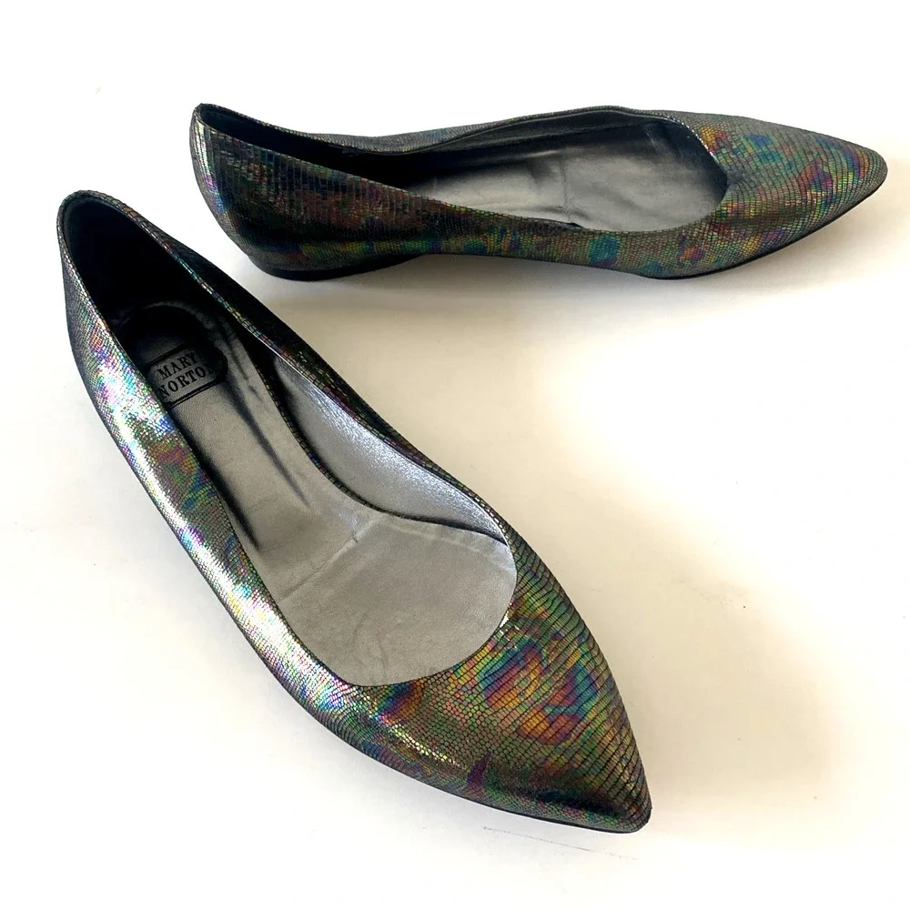 Mary Norton Ballet Flat Point Toe Leather Multi Color Snake Embossed 38.5